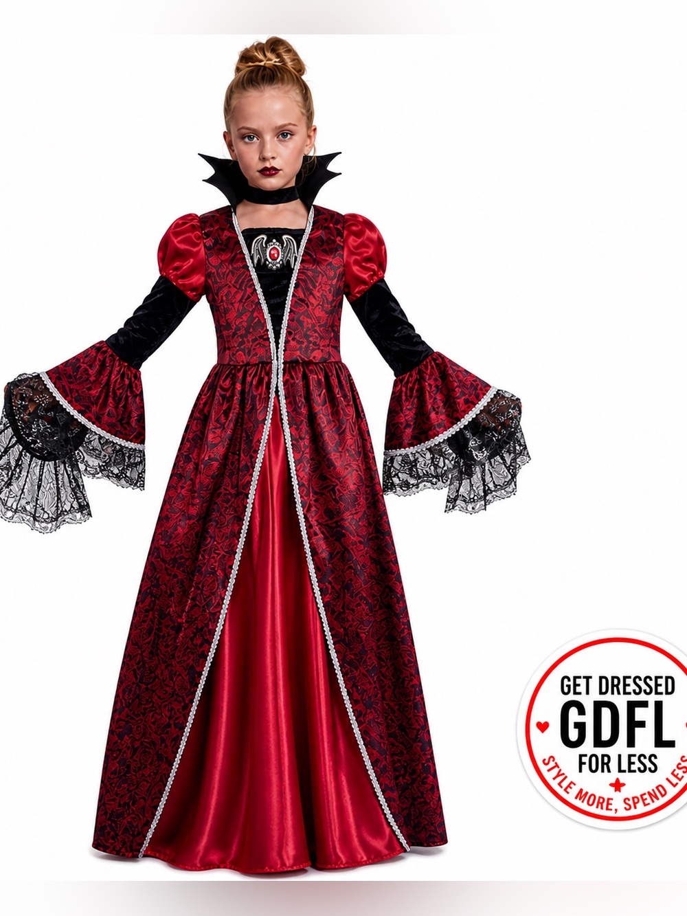 Girls Gothic Vampire Costume Dress Red Black Lace Halloween Size 10-12 Cosplay